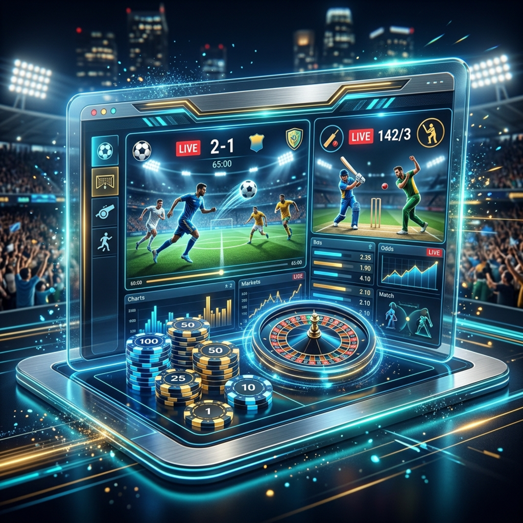 Provided neon stadium artwork featuring football, cricket, roulette and chips