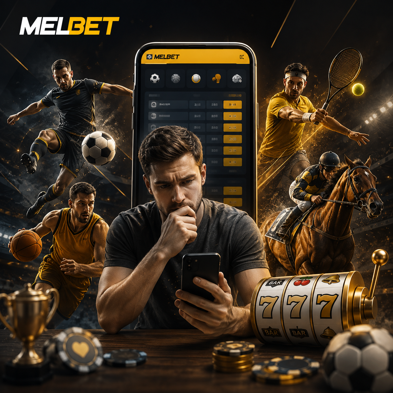 Provided Melbet artwork with a mobile user, athletes and a gold slot machine