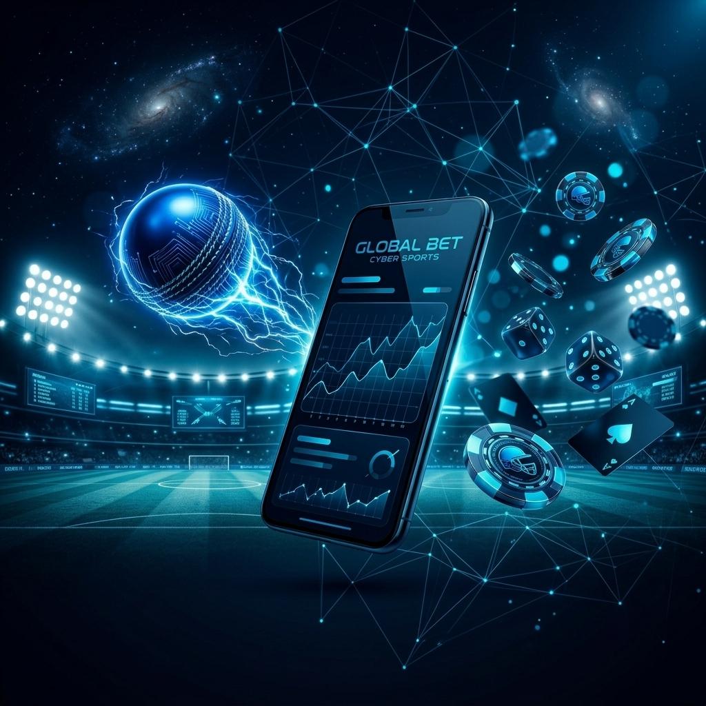 Provided blue neon mobile sports artwork with cricket ball, dice and chips